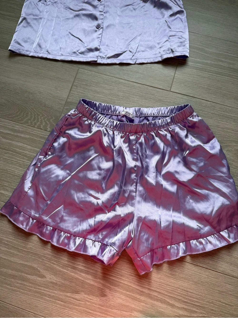 Lilac Satin Pajama Set - Button Shirt & Ruffle Shorts